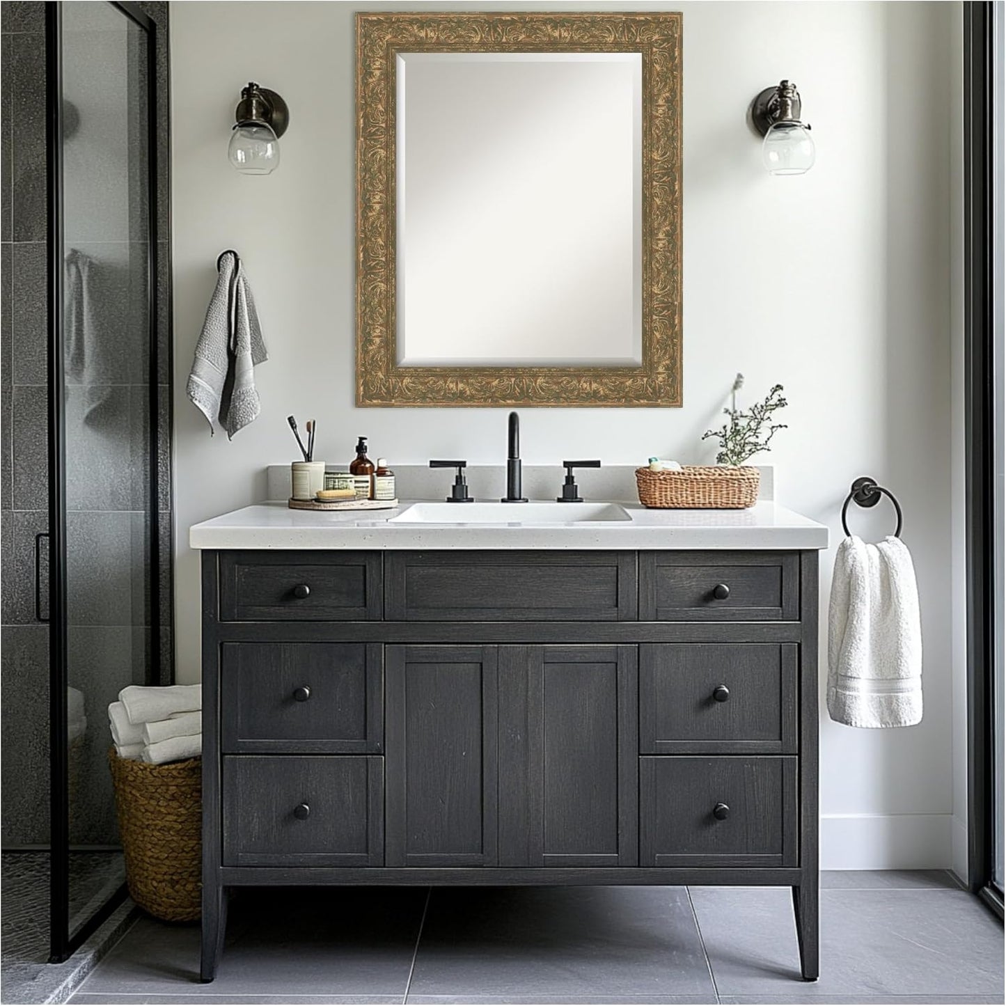 Amanti Art Bronze Bathroom Mirror for Over Sink, 29x35 Luxe Bronze Gold Rectangle Vanity Mirror, Large Traditional Frame, Hangs Horizonally and Vertically, Bathroom Wall Decor, Beveled Edge