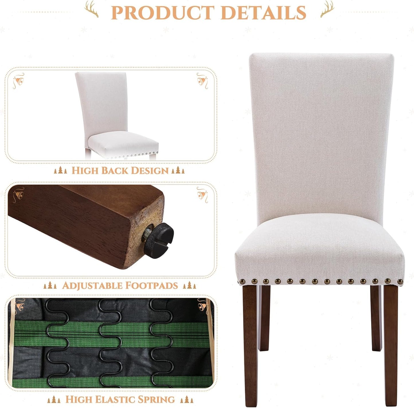 Set of 4 Beige Upholstered Dining Chairs, Farmhouse Kitchen Chairs with High Back Support, Solid Rubberwood Legs, Comfortable Padded Seat, Bronze Nailhead Trim, Dining Room Chairs for Family Meals