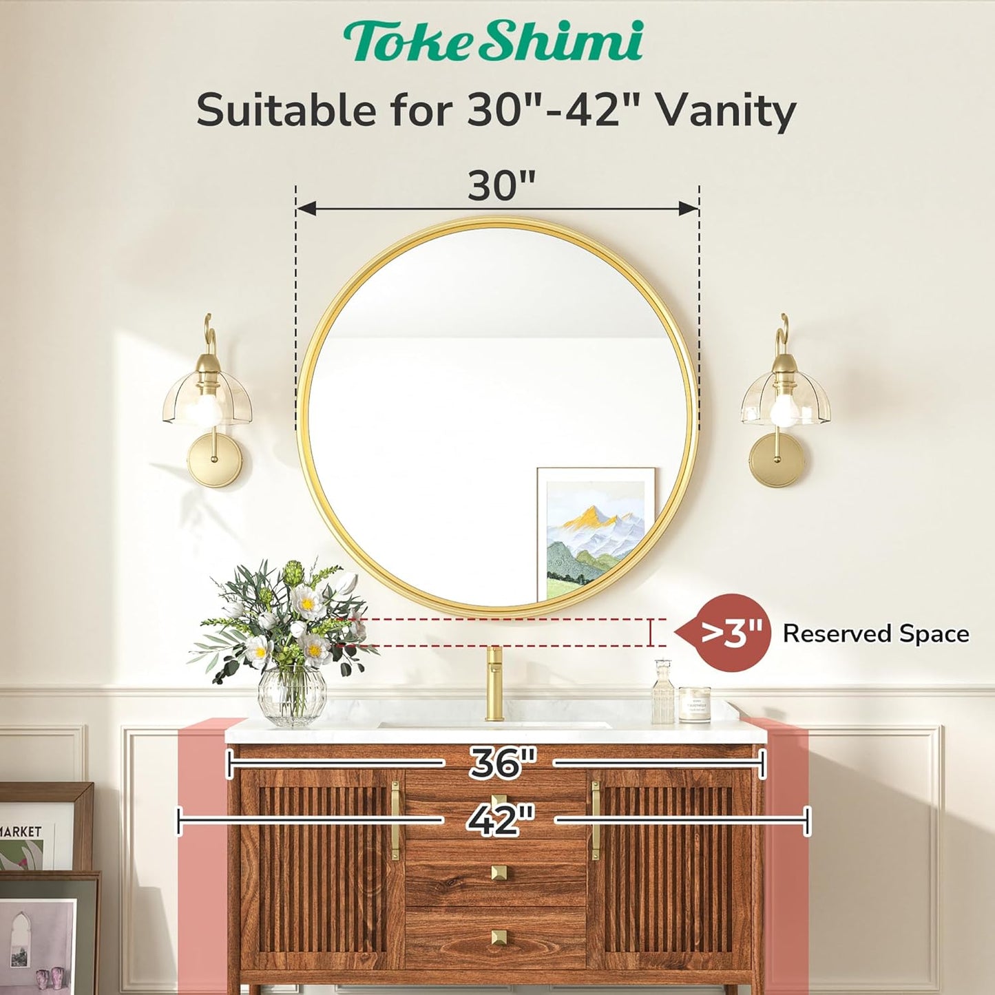 TokeShimi 30 in Round Framed Brushed Gold Mirror Bathroom Tempered, Shatterproof Mirror Circle 30x30 Farmhouse Aluminum Large Wall Mirrored for Vanity, Entryway, Bedroom, Restroom, Living Room