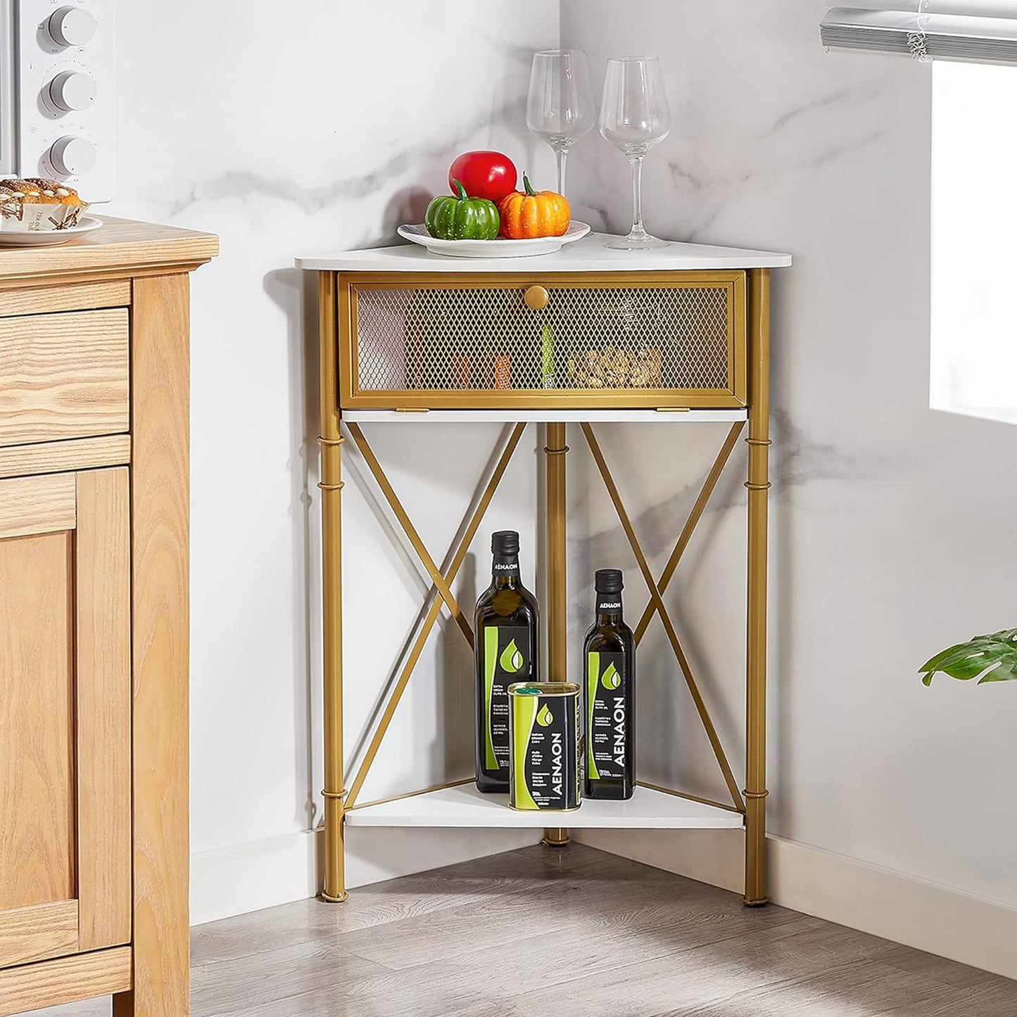 VECELO Cabinet/Table, 3-Tier Display Shelves with Protection Door, Metal Frame Storage Shelf Organizer for Small Space, Living Room, Kitchen, Bathroom, Set of 1, Gold+Black