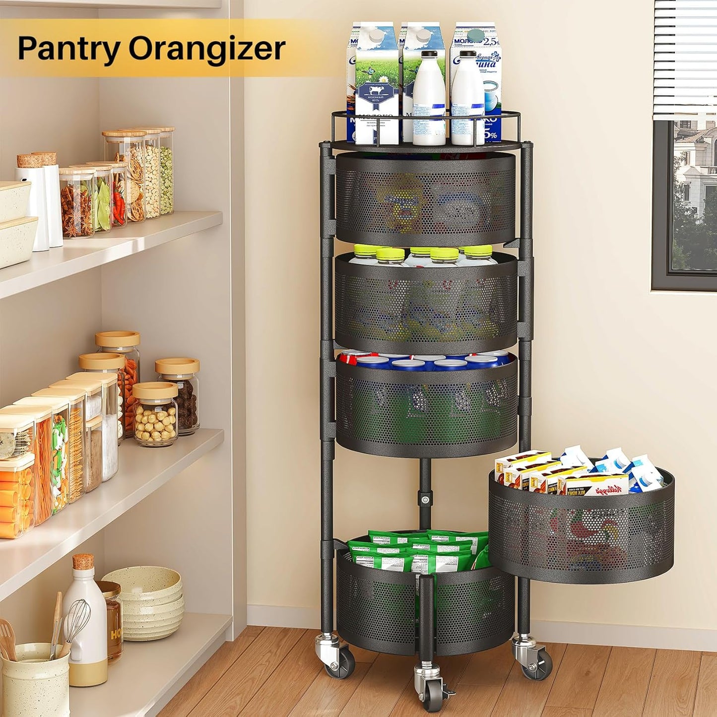 SNTD Fruit and Vegetable Basket Bowls for Kitchen with Metal Top Lid, 5 Tier Rotating Storage Rack Cart for Potato Onion Bread Banana, Wire Basket Organizer on Wheels, Large, Black