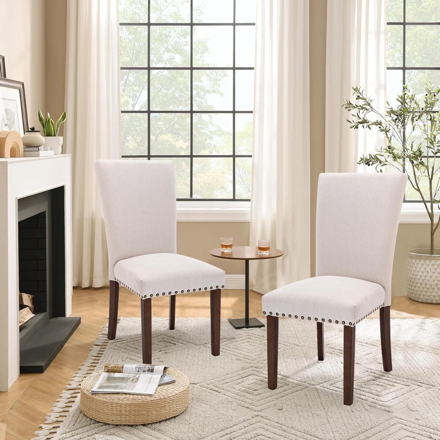Set of 6 Beige Upholstered Dining Chairs, Farmhouse Kitchen Chairs with High Back, Solid Rubberwood Legs, Comfortable Padded Foam Seat, Bronze Nailhead Trim, Dining Room Chairs for Large Families