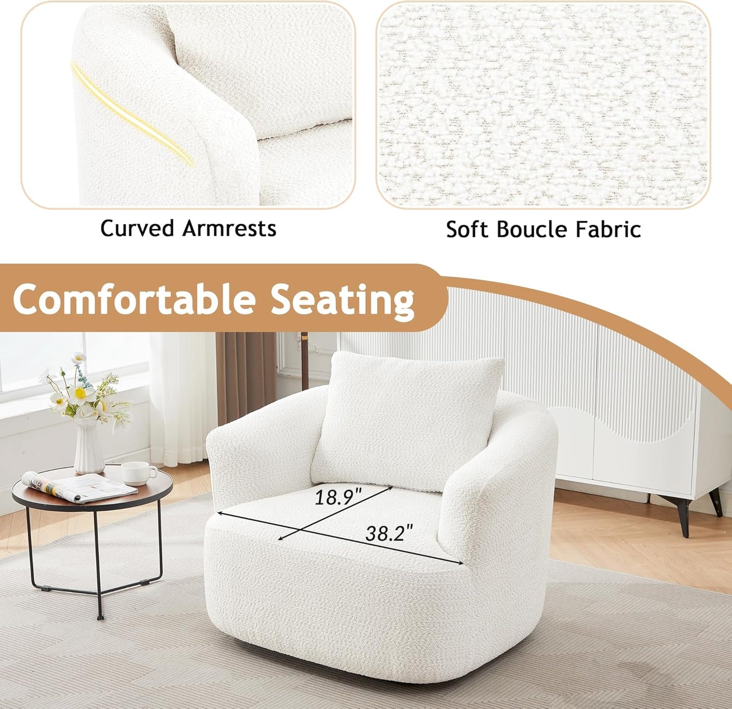 Merax Modern 360° Chenille Swivel Barrel Chair with A Throw Pillow & Armrest, Upholstered Cozy Single Round Sofa with Deep Seating for Living Room Bedroom,Office, Hotel, Easy Assemble, Beige