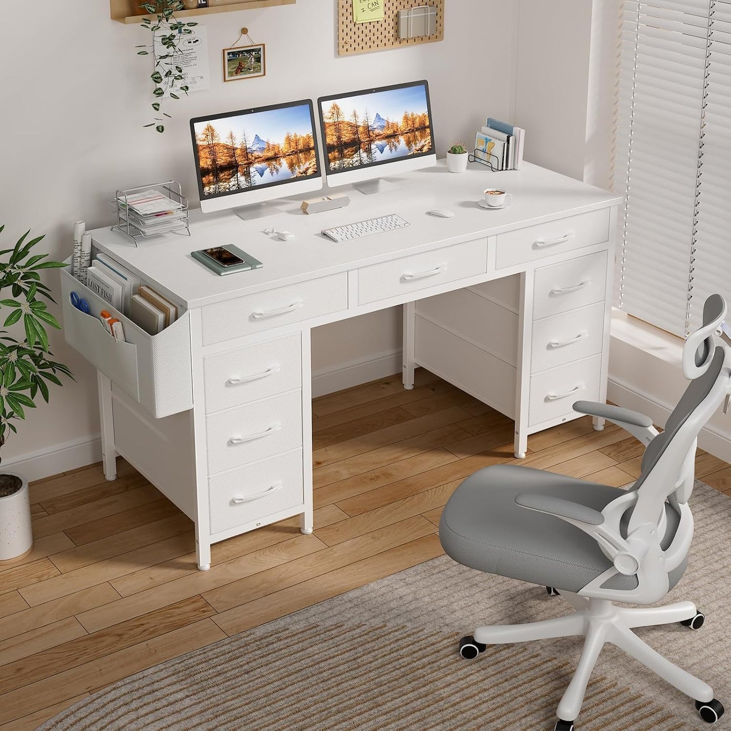 Lufeiya 47 Inch Computer Desk with 9 Drawers, Office Desk Work Desk for Home Office, Study, Writing, Vanity Desk with Fabric Drawers on Both Sides, Large Storage, White