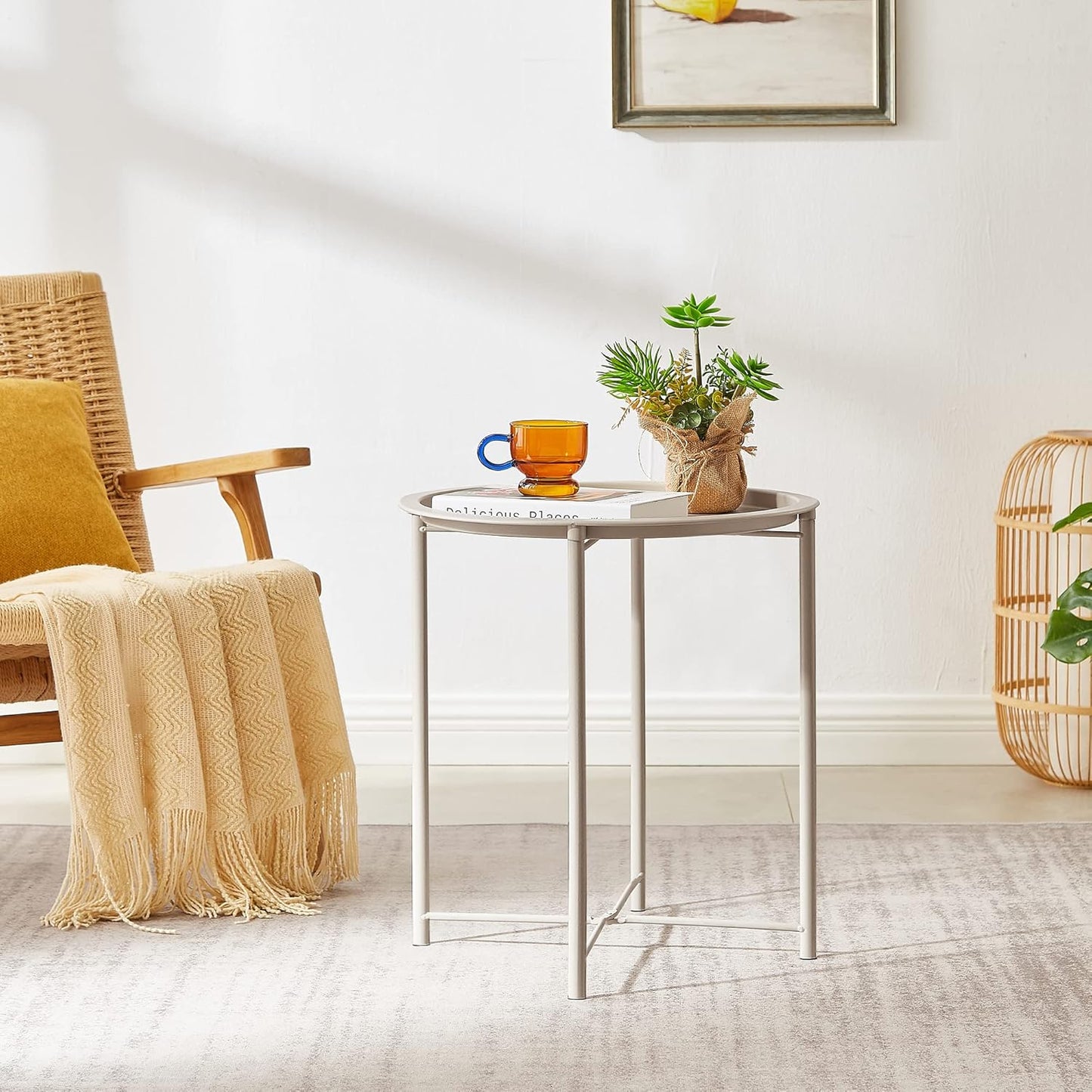 VECELO Side/End Table, Folding Round Metal Anti-Rust and Waterproof Outdoor or Indoor Tray for Living Room Bedroom Balcony and Office, 1 PCS, Grey