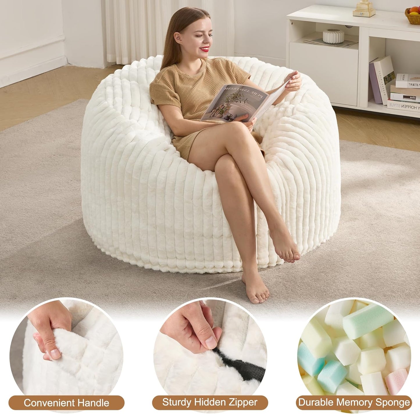 Hobestluk 4ft Bean Bag Chairs for Adults Large Beanbag Chair with Dutch Corded Plush Cover Big Bean Bag Chair for Living Room Bedroom Dorm Office - White (42" x 42" x 24")