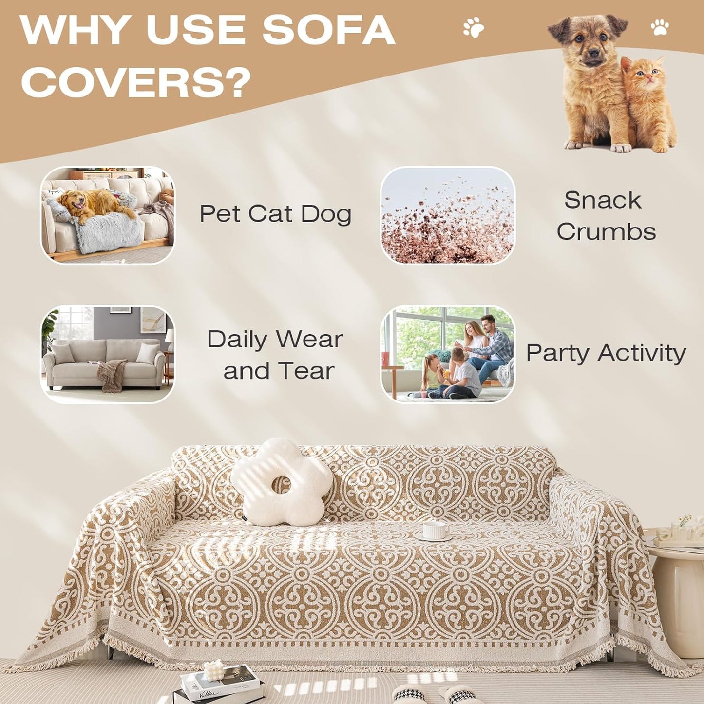 STACYPIK Khaki French Jacquard Couch Covers Thickened Boho L Shape Sofa Covers Soft Pets Protector for 3 Cushion Couch Washable Dogs Cats Couch Protector Cover Non Slip Throw Blanket-71X134IN