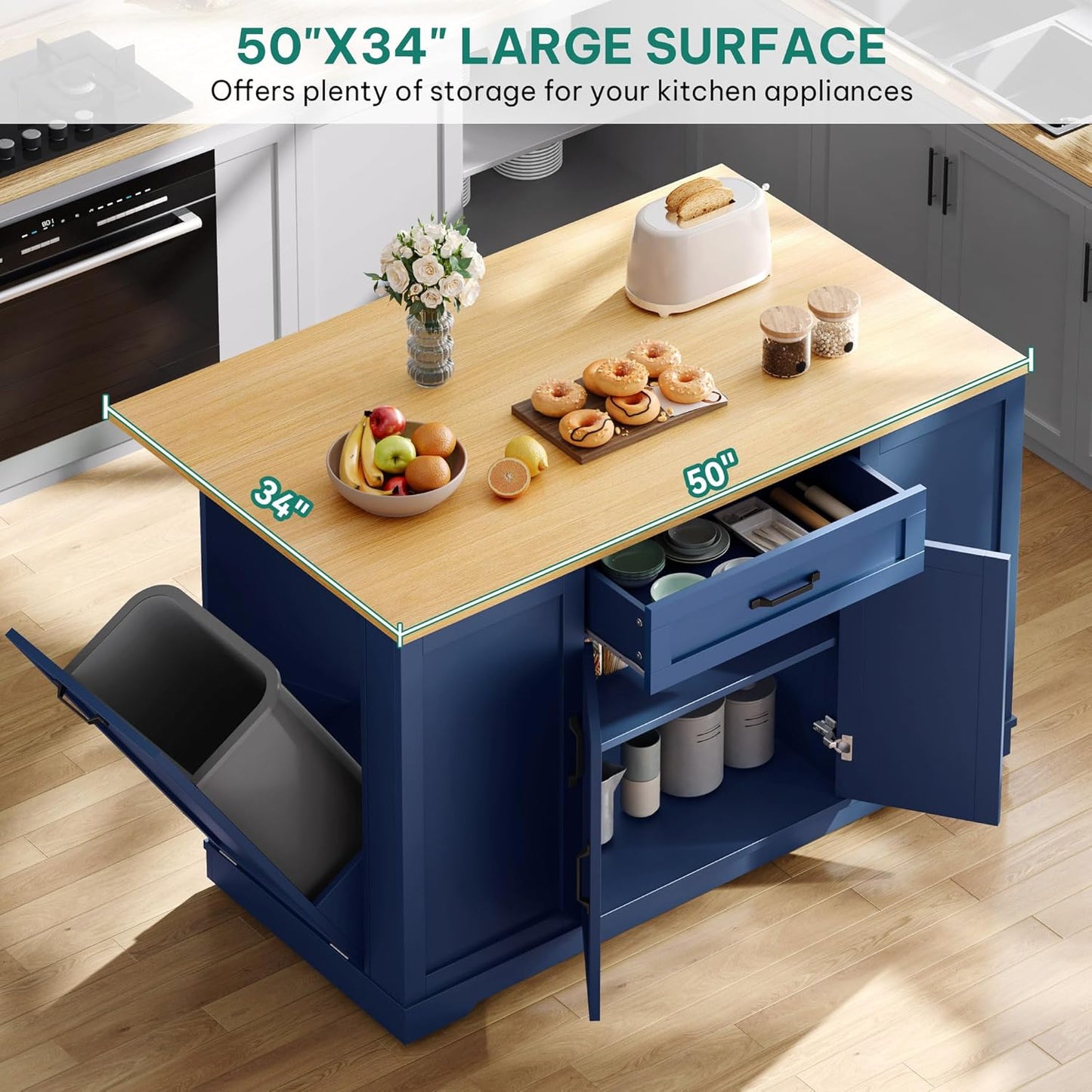 YITAHOME 50" Kitchen Island with Power Outlet & Drop Leaf, Rolling Island Cart with Trash Can Cabinet, Mobile Storage Islands with Microwave Rack, Door Storage Spice Rack, Navy Blue
