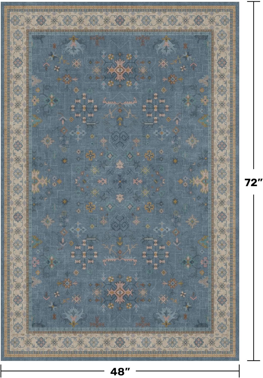 Washable 4x6 Small Rug for Living Room, Area Rug for Kitchen, Bedside, Large Entryway Indoor - Stain Resistant Non Slip with Rubber Backing, Unique Floral Aethestic Décor, Light Blue & Aqua