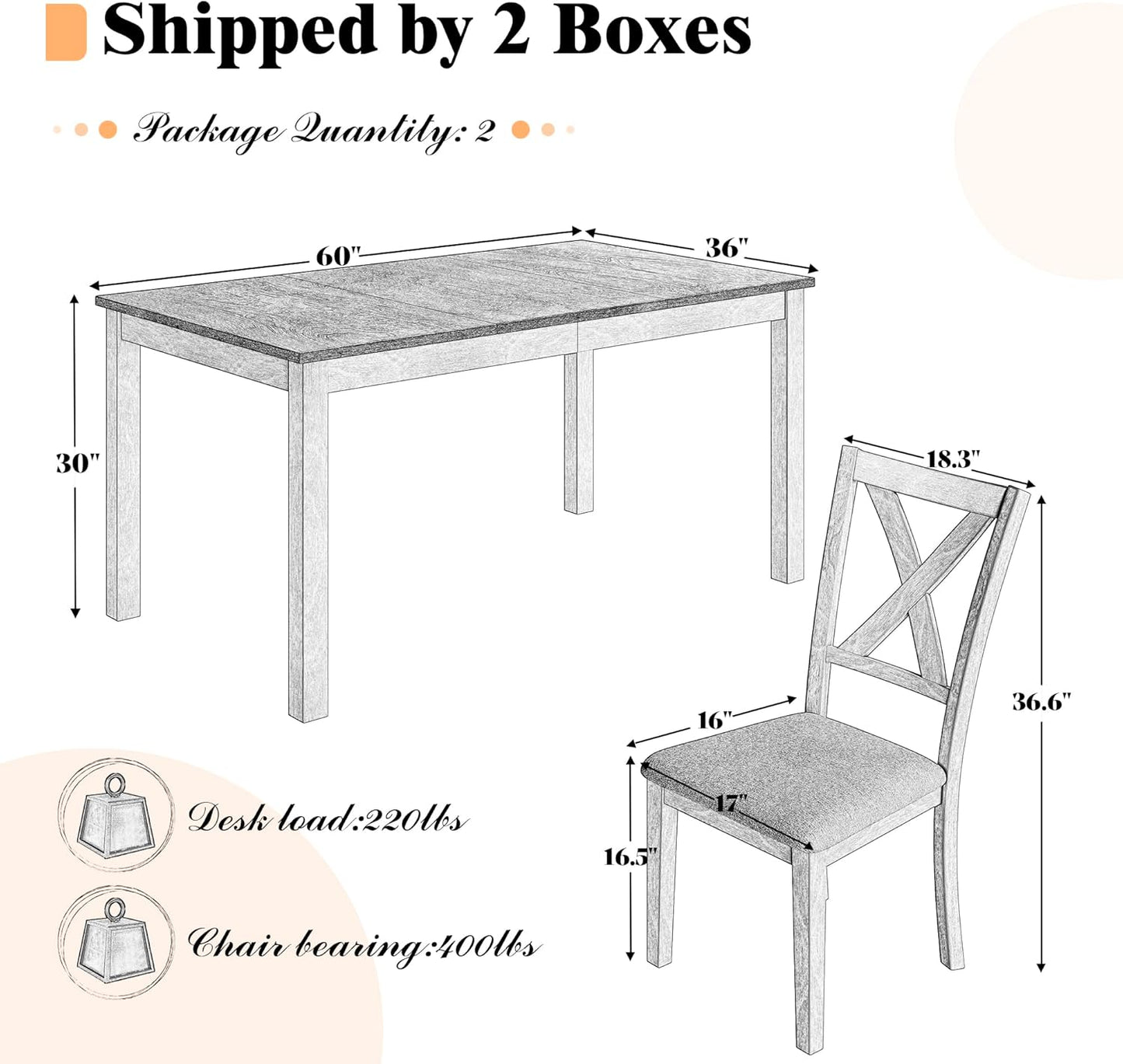 7-Piece Farmhouse Solid Wood Dining Table Set with 6 Chairs, 60" Rectangular Dining Table & Chair Set for 6 People, Dining Table with Wood Legs, Table Set for Dining room, Kitchen, Rustic Cream