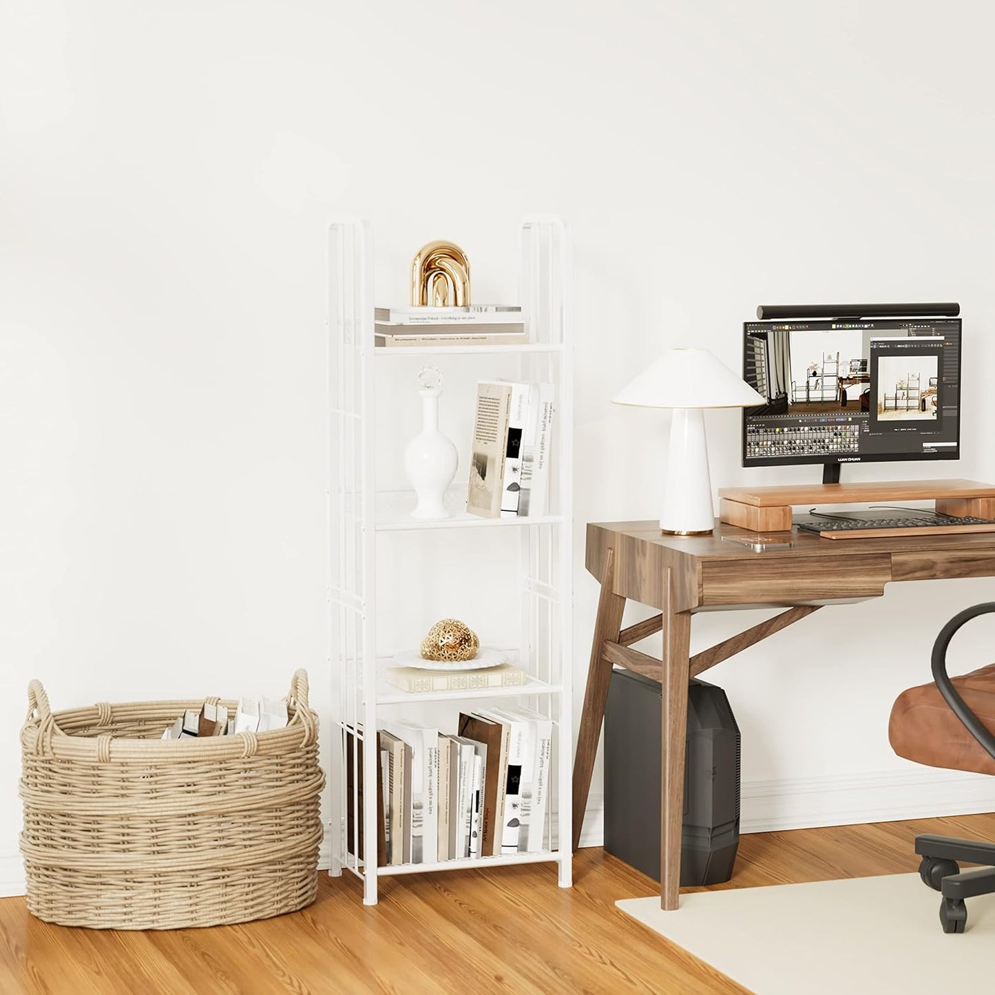 Bookshelf Storage Shelf Small Bookcase Freestanding Storage Stand for Living Room Bedroom, Kitchen, Rust Resistance, Easy Assembly Free Combination Multi-Functional Organizer (4 Tiers, White)