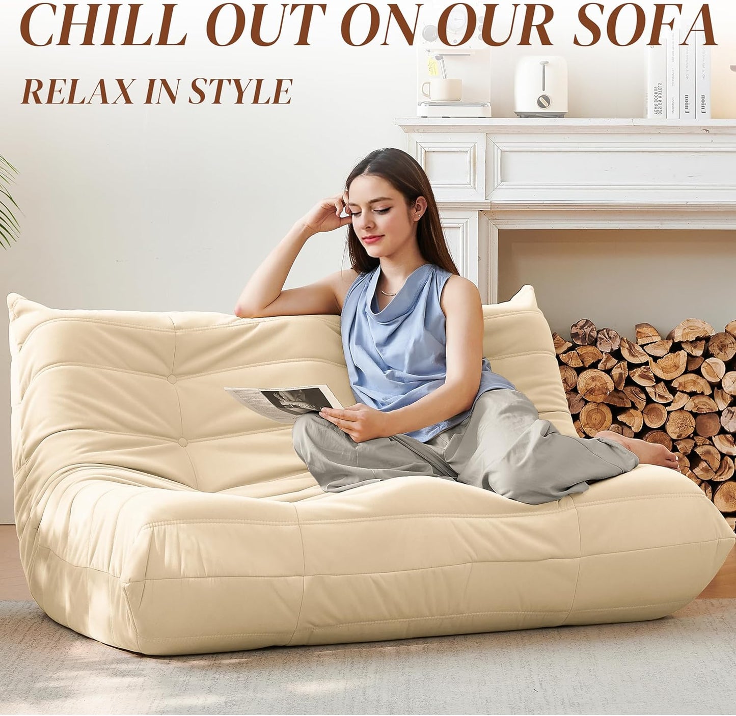 Bean Bag Chair, Loveseat Fireside Chair Bean Bag Sofa for Adults, 2 Seater Bean Bag Chairs for Teens with High-Resilience Foam, Memory Foam Bean Bag for Living Room, Bedroom, Office (Suede, Beige)