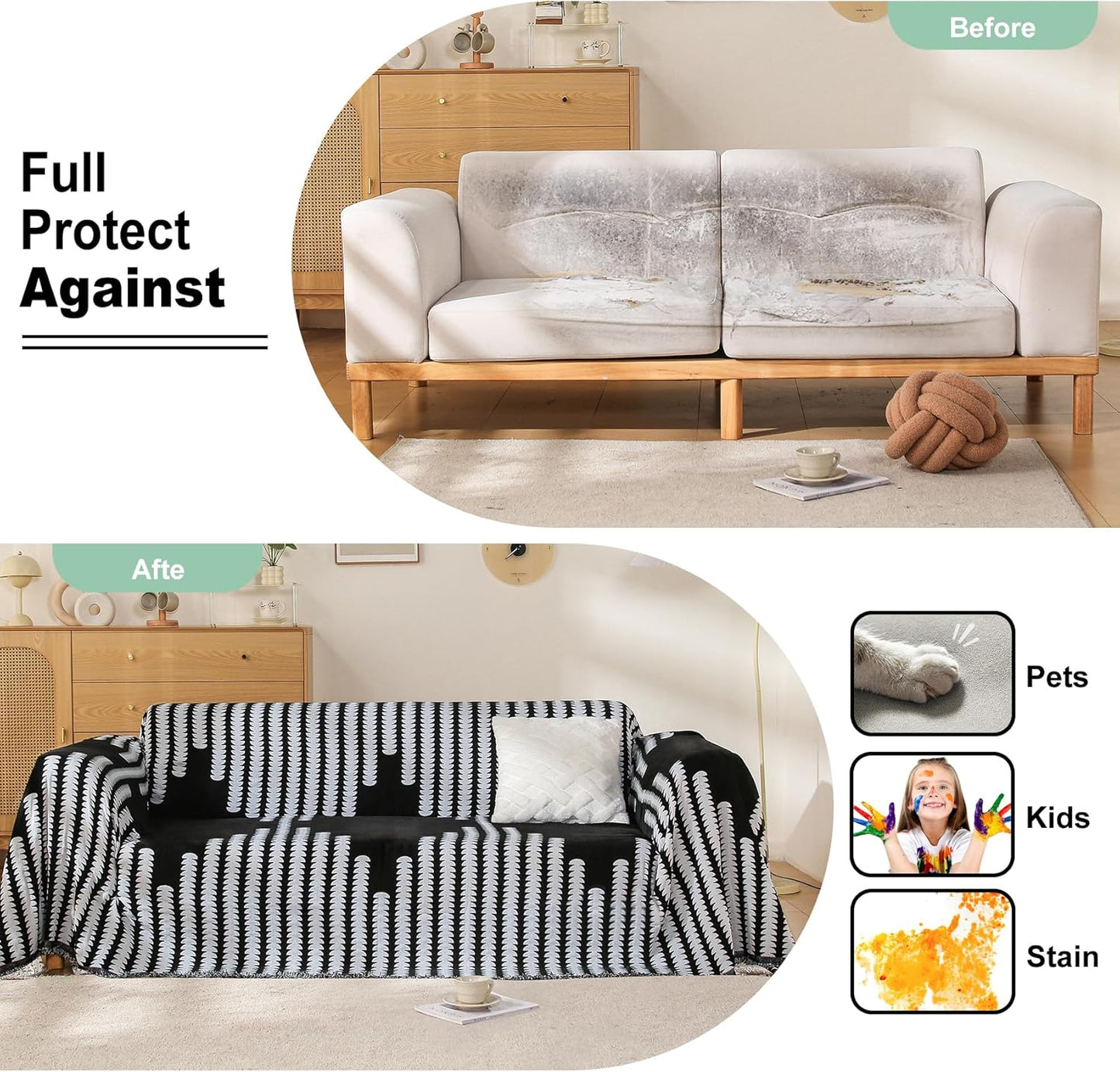 Boho Couch Cover, Sofa Cover, Sofa Covers for 2 Cushion Couch, Washable Sectional Couch Covers for Dogs Pet Furniture Protector Couch Cover Blanket for Living Room (2# Black, 71" x 102")