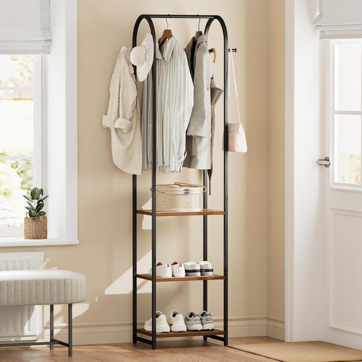 Garment Rack, Coat Rack With 3 Shelves and 4 Hooks, 71" H Clothes Stand For Hanging Clothes, Hanging Rod For for Bedroom, Hallway, Entryway, Office, Living Room, Rustic Brown and Black