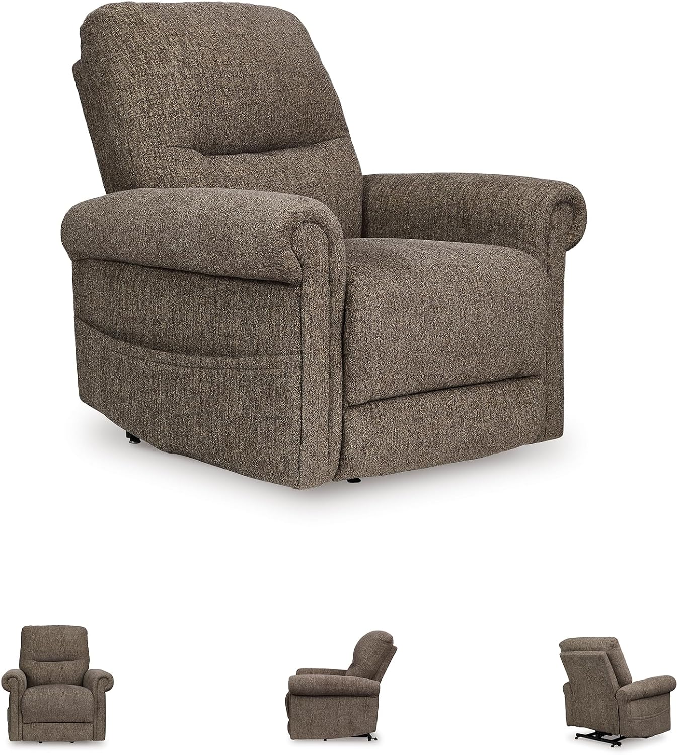 Signature Design by Ashley Aureta Classic Stain Resistant Power Lift Recliner with Side Pocket, Heat and Massage, Dark Brown