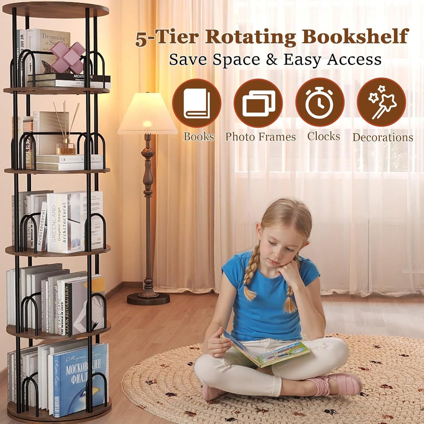 5-Tier Rotating Bookshelf, 360° Round Spinning Book Shelf Tower, Tall Skinny Wood & Metal Bookshelf for Corner/Office/Home, Modern Industrial Vintage Style