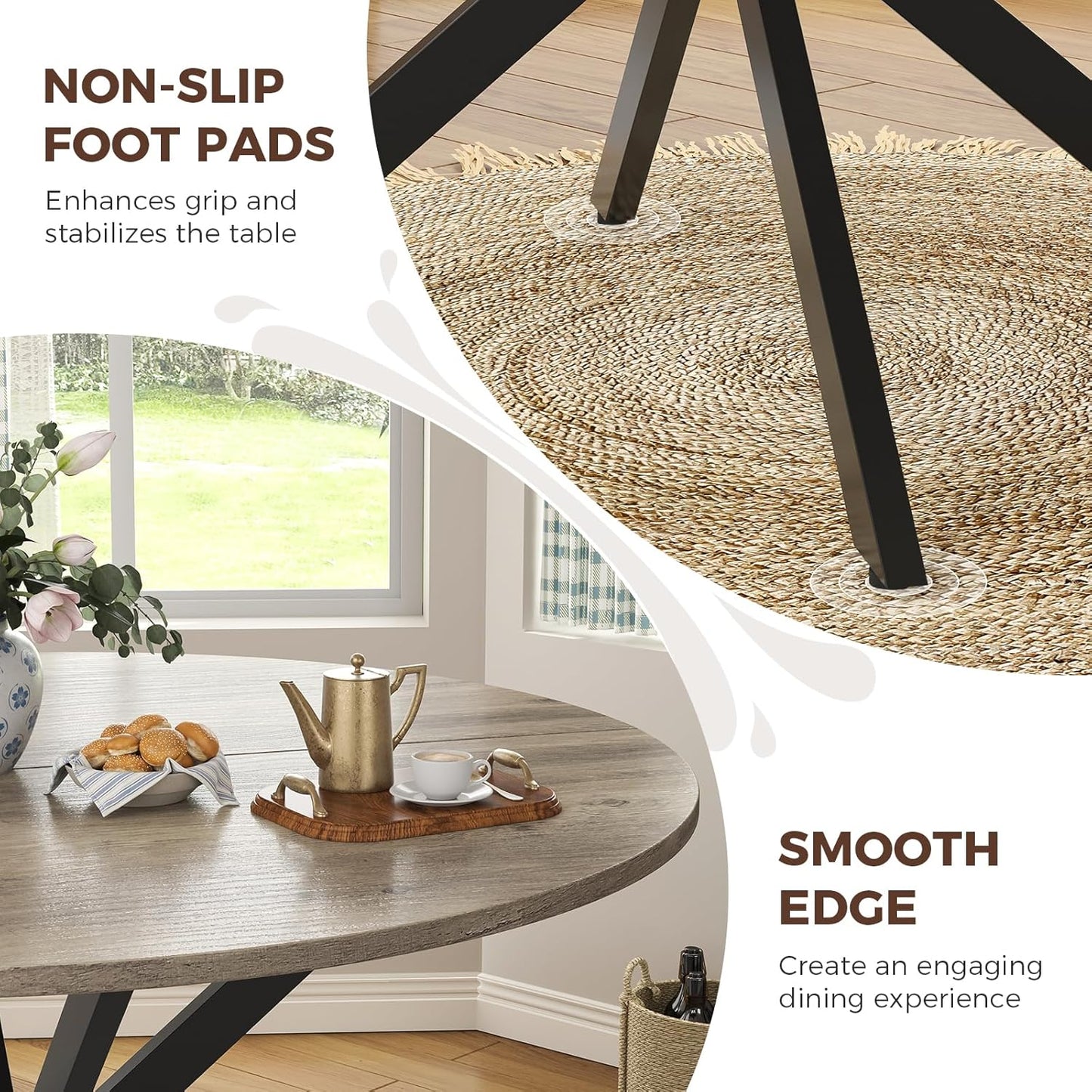 Unovivy 47" Round Dining Table for 4-6, Space Saving Circle Kitchen Dinner Table, Industrial Mid Century Modern Dining Room Desk for Kitchen, Apartment, Light Ivory