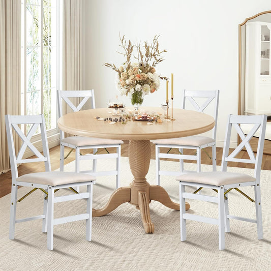 COLAMY Folding Dining Chairs Set of 4 – White Wooden Dining Room Chairs for Small Spaces, Pre-Assembled, Space Saving Kitchen & Dining Room Furniture, Indoor Outdoor Use