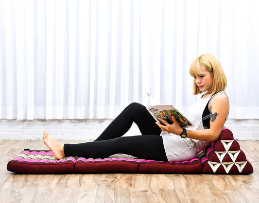 Leewadee - Comfortable Japanese Floor Mattress Used As Thai Floor Bed with Triangle Cushion, Futon Mattress Or Thai Massage Mat, 67 x 21 inches, Auburn Pink