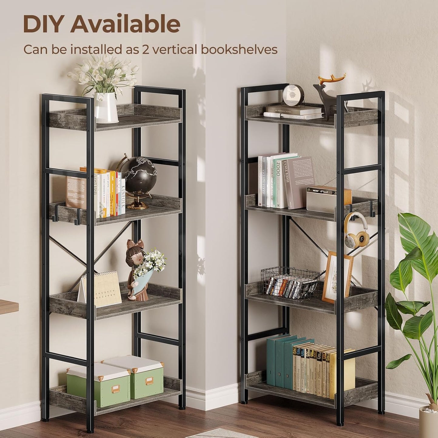 Rolanstar Bookshelf 4 Tiers with 4 Hooks, Triple Bookcase with Open Display Shelves, Industrial Wide Bookshelf with Metal Frame for Living Room, Office, Grey