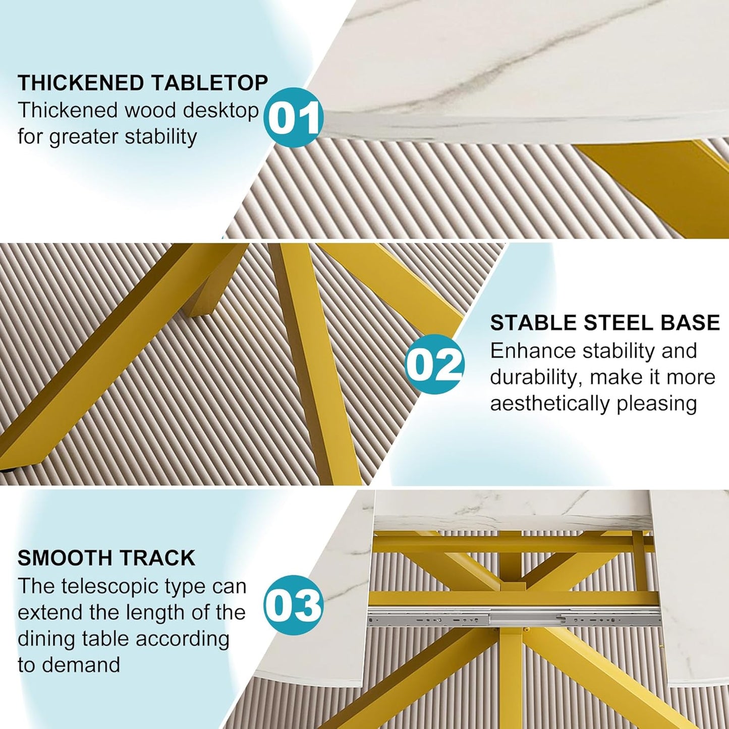 43"- 59" Extendable Dining Table for 4-6, Retractable Round Dinner Table Marble Oval Kitchen Tables Modern Steel Base Dining Room Tables for Small Space, Kitchen, Living Room, White & Gold