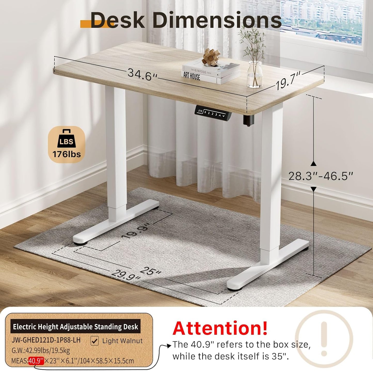 JOY worker Small Electric Standing Desk, 35" x 20" Whole Piece Height Adjustable Desk with Memory Controller, Light Walnut Sit to Stand Workstation for Home Office