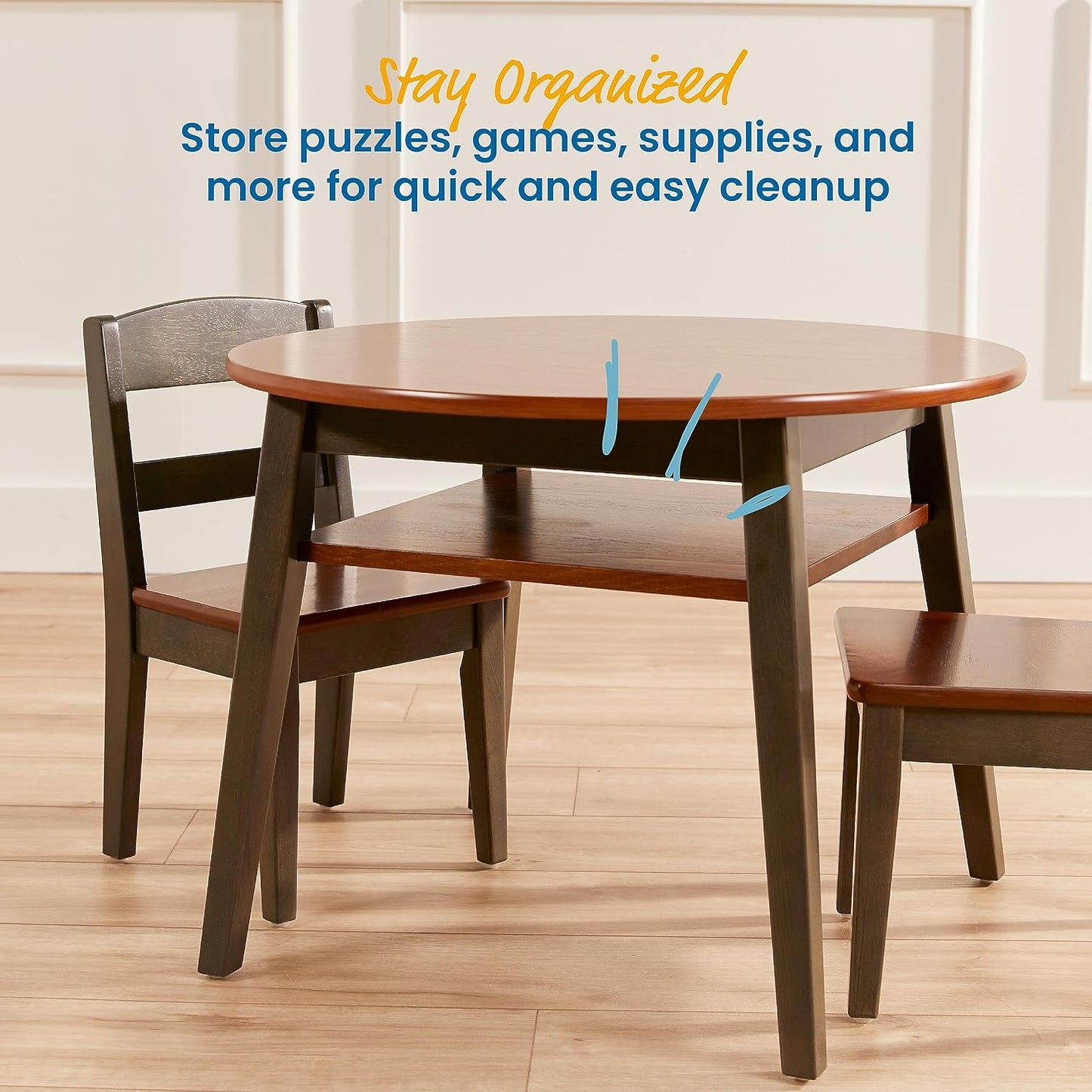 ECR4Kids Hideaway Table and Chair Set, Kids Furniture, Dark Walnut/Grey Wash, 3-Piece