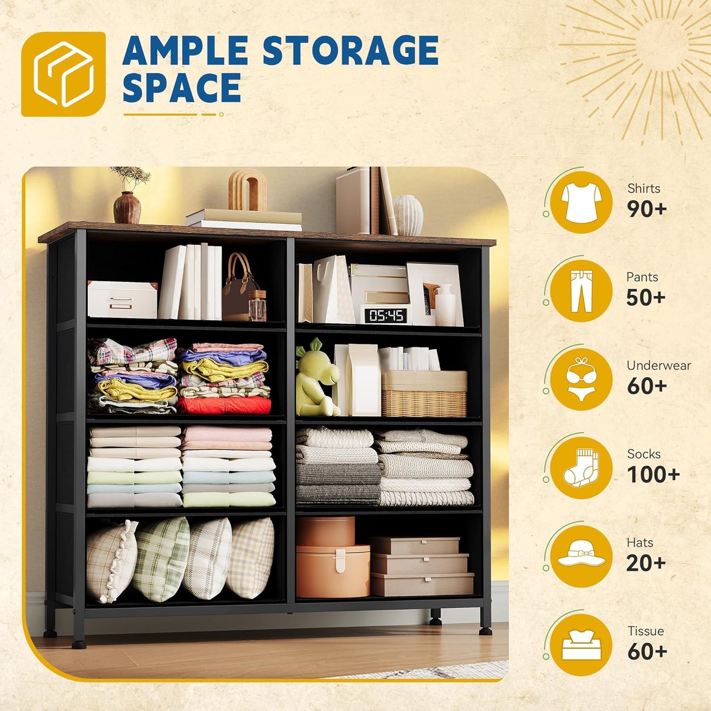 DWVO 8 Drawers Fabric Dresser, Furniture Storage Tower Cabinet, Organizer for Bedroom, Living Room, Hallway, Closet, Sturdy Steel Frame, Wooden Top, Easy-to-Pull Fabric Bins