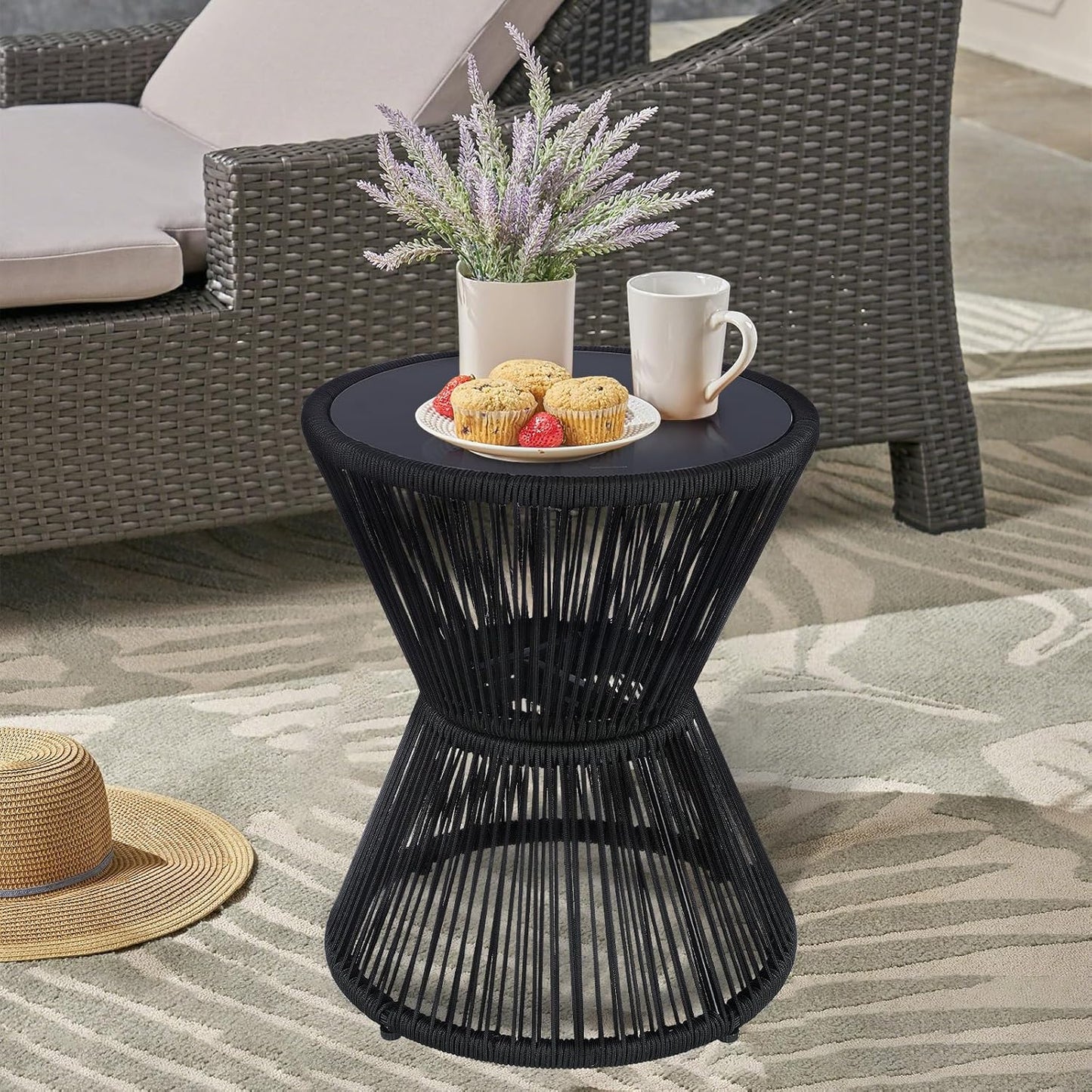 LEWIS&WAYNE Small Outdoor Side Table Patio 20’’ H Woven Rope Hourglass End Table with Glass Top Round Coffee Table for Living Room Outdoor Patio Backyard Poolside(Black)
