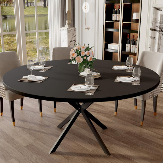 47.24" Round Dining Table for 4-6 Person, Round Kitchen Table with Wood Top, Circle Dinner Pedestal Tables with Metal Legs for Dining Room Kitchen (Black)