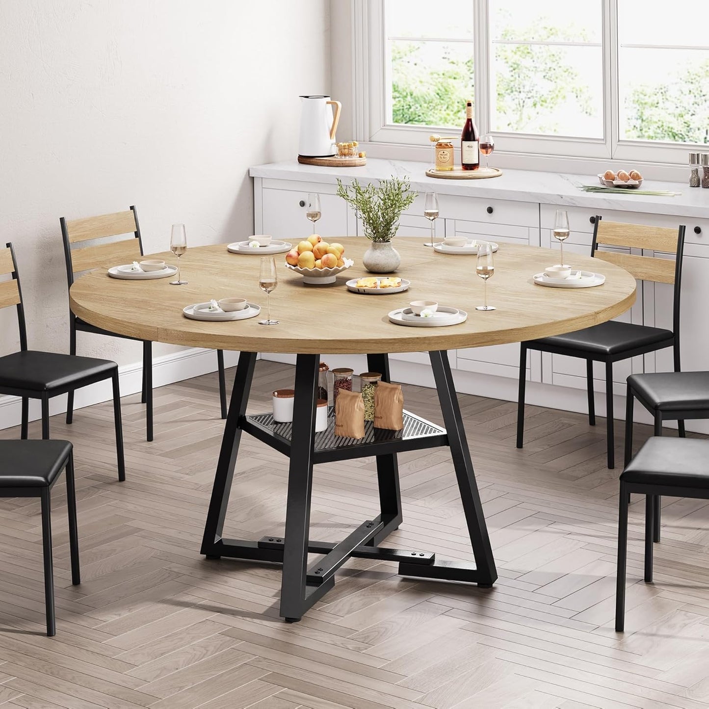 51'' Round Dining Table for 6,Kitchen Dining Room Circle Dinner Pedestal Table,Space Saving Wood Kitchen & Dining Room Furniture (Natual Wood, 51In)