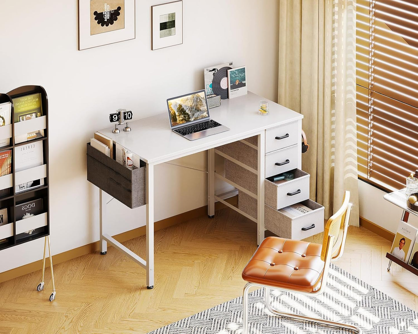 Casaottima 32 inch Small Computer Desk with 4 Fabric Drawers, Side Hook and Cloth Bag, Kids Study Table for Bedroom and Small Space, Pure White