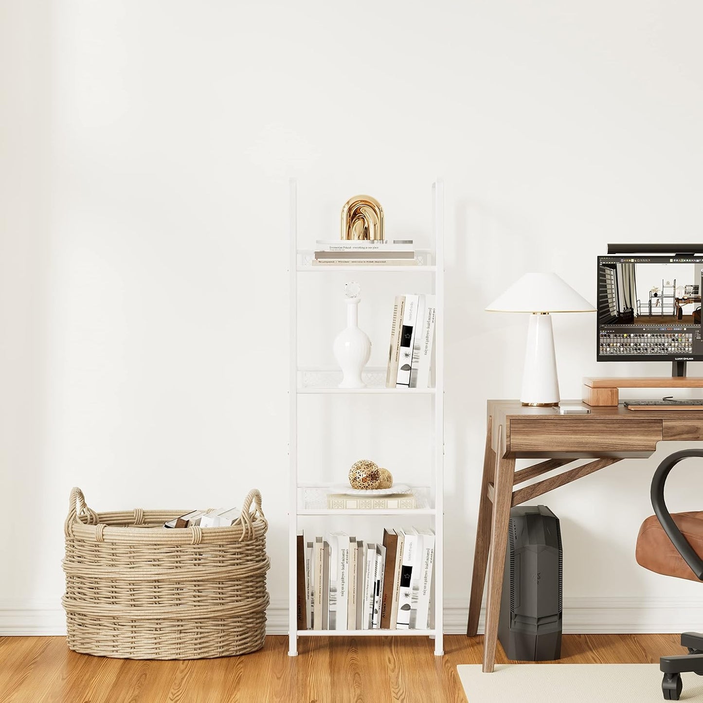 Bookshelf Storage Shelf Small Bookcase Freestanding Storage Stand for Living Room Bedroom, Kitchen, Rust Resistance, Easy Assembly Free Combination Multi-Functional Organizer (4 Tiers, White)