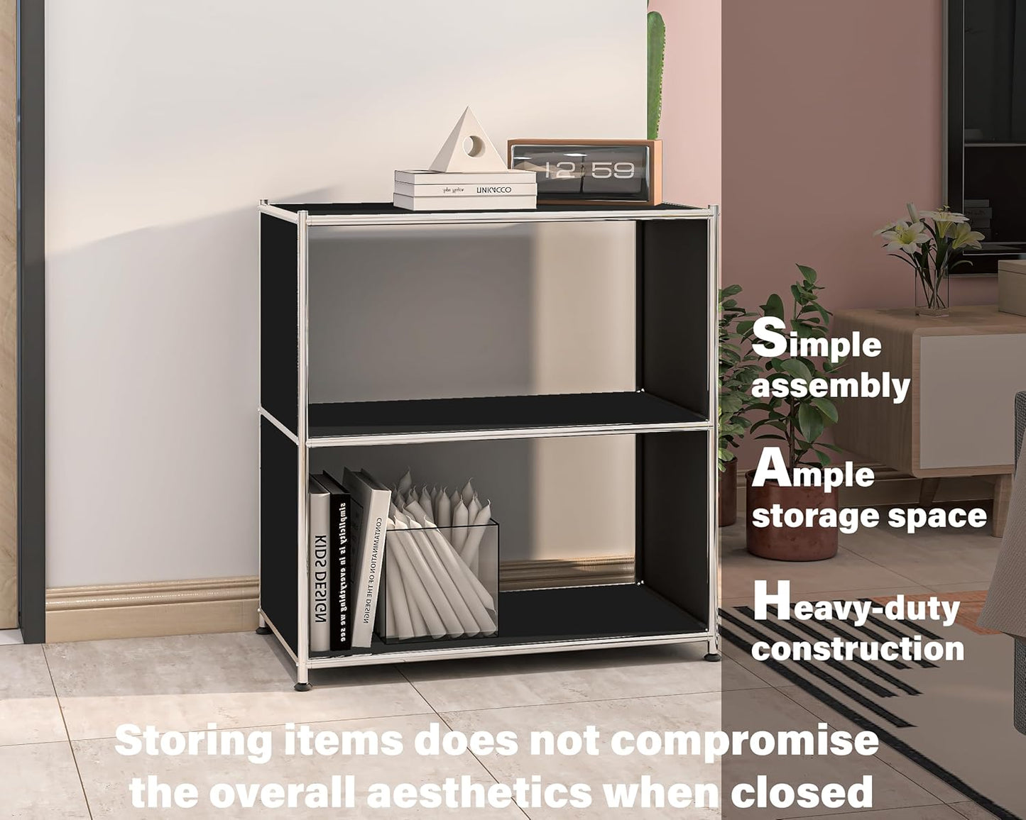 32-Inch 2-Tier Metal Bookcase, Open Shelf Storage Organizer for Living Room, Bedroom, Side Table or Nightstand Use, Modern DIY Assembly, Black