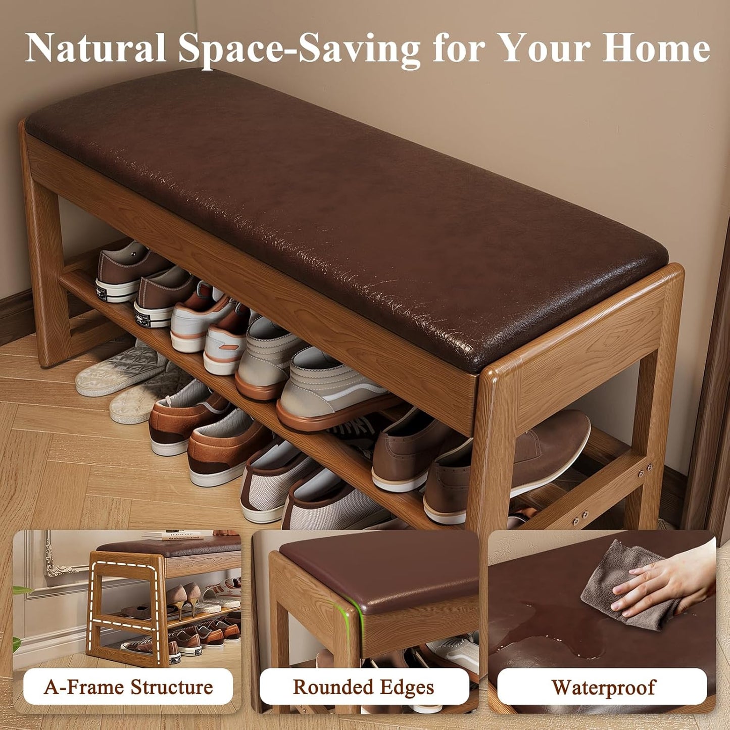 Shoe Rack Bench Seat Rubberwood 2-Tier Wooden Storage Bench 550lbs Compact Mid-Century Modern Design for Entryway, Hallway, Closet, Front Door Entrance, Foyer