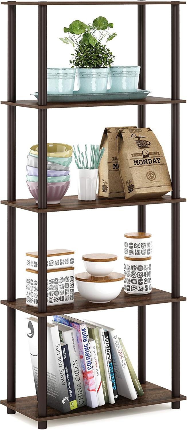 Furinno Turn-N-Tube 5-Tier Multipurpose Shelf / Display Rack / Storage Shelf / Bookshelf, Round Tubes, Walnut/Brown
