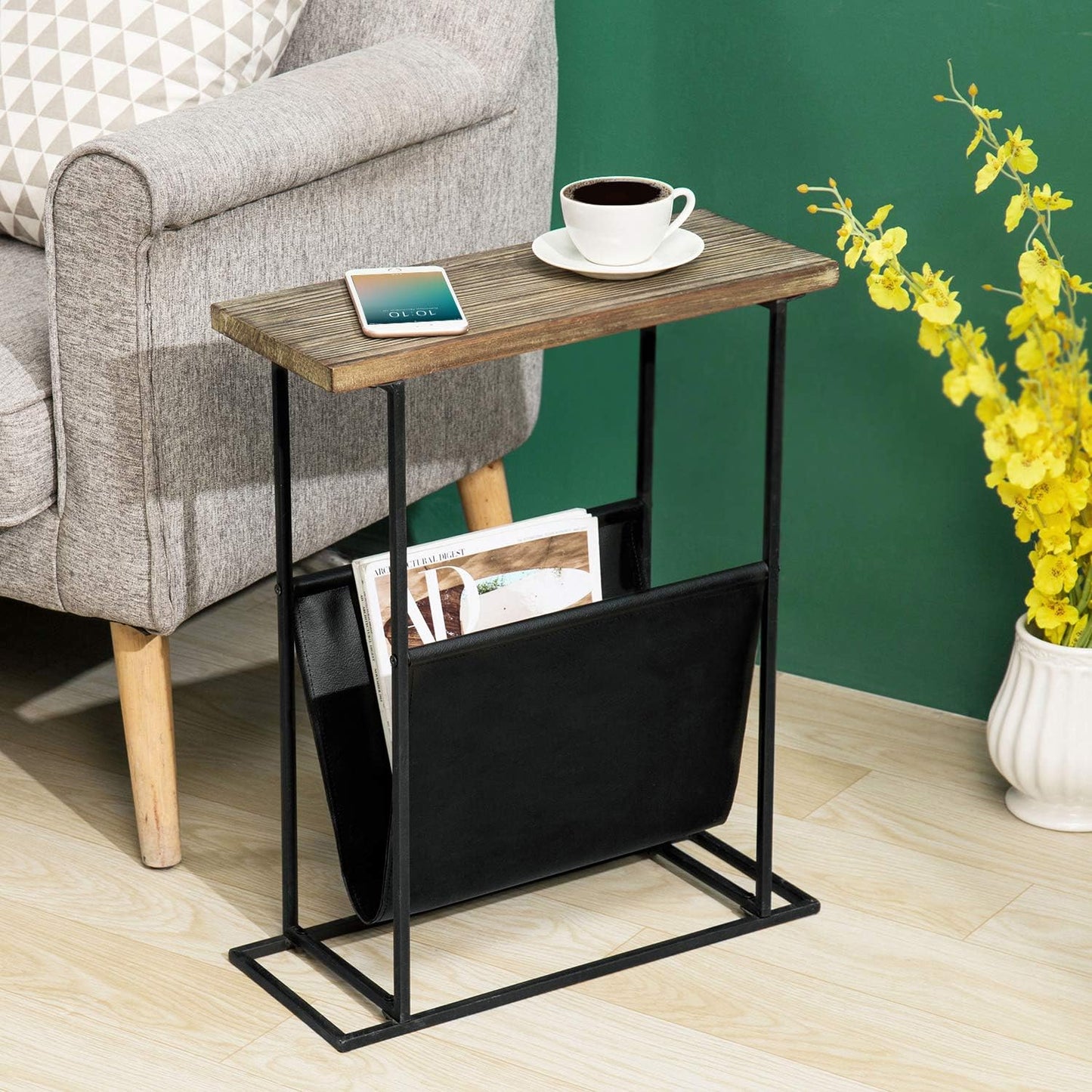 MyGift 21-Inch Modern Narrow Living Room End Table with Hand Torched Solid Wood Tabletop and Black Metal Frame, Bedroom Nightstand Side Table with Magazine Holder Sling