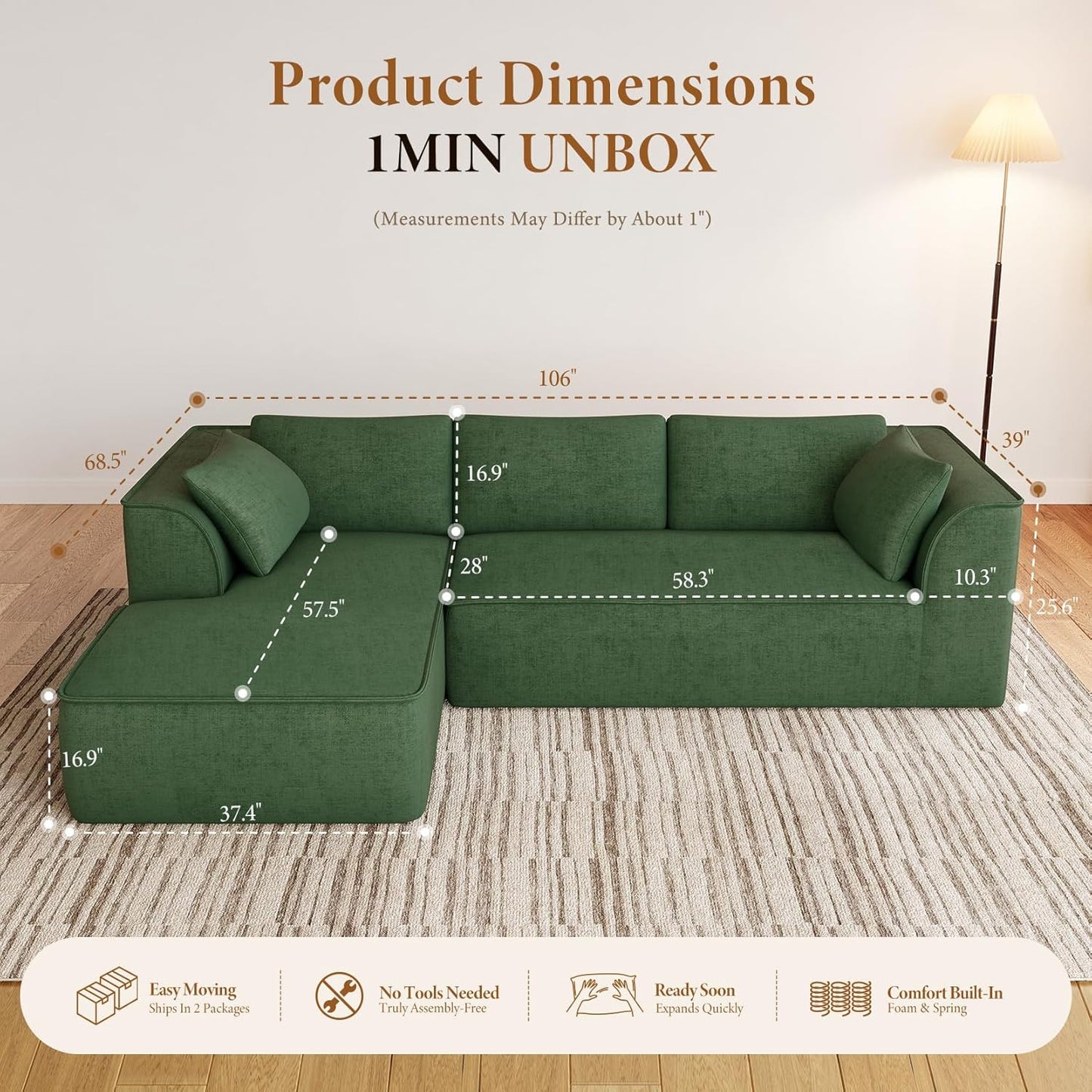 Vesgantti 106" Cloud Couch Sectional Modular Sofa, Deep Seat Comfy Cloud Couch Chenille Memory Foam Sofa Modular Couches for Living Room Bedroom, No Assembly Required (Green, Left-Facing Chaise)