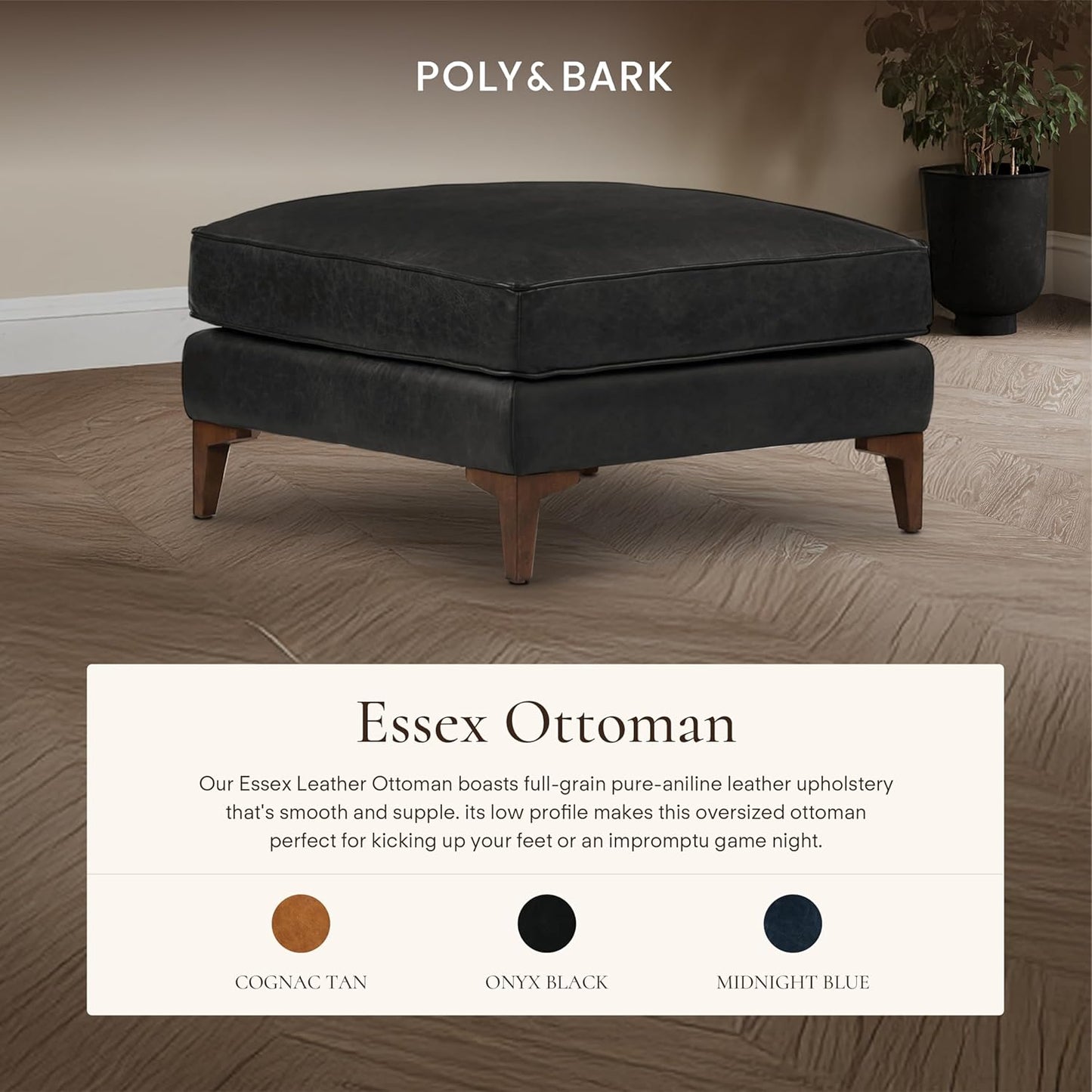 POLY & BARK Essex Ottoman - 35” Large with Feather-Down Topper - Full-Grain Leather Upholstered Ottoman - Couch for Living Room - Vintage Italian Leather in Onyx Black