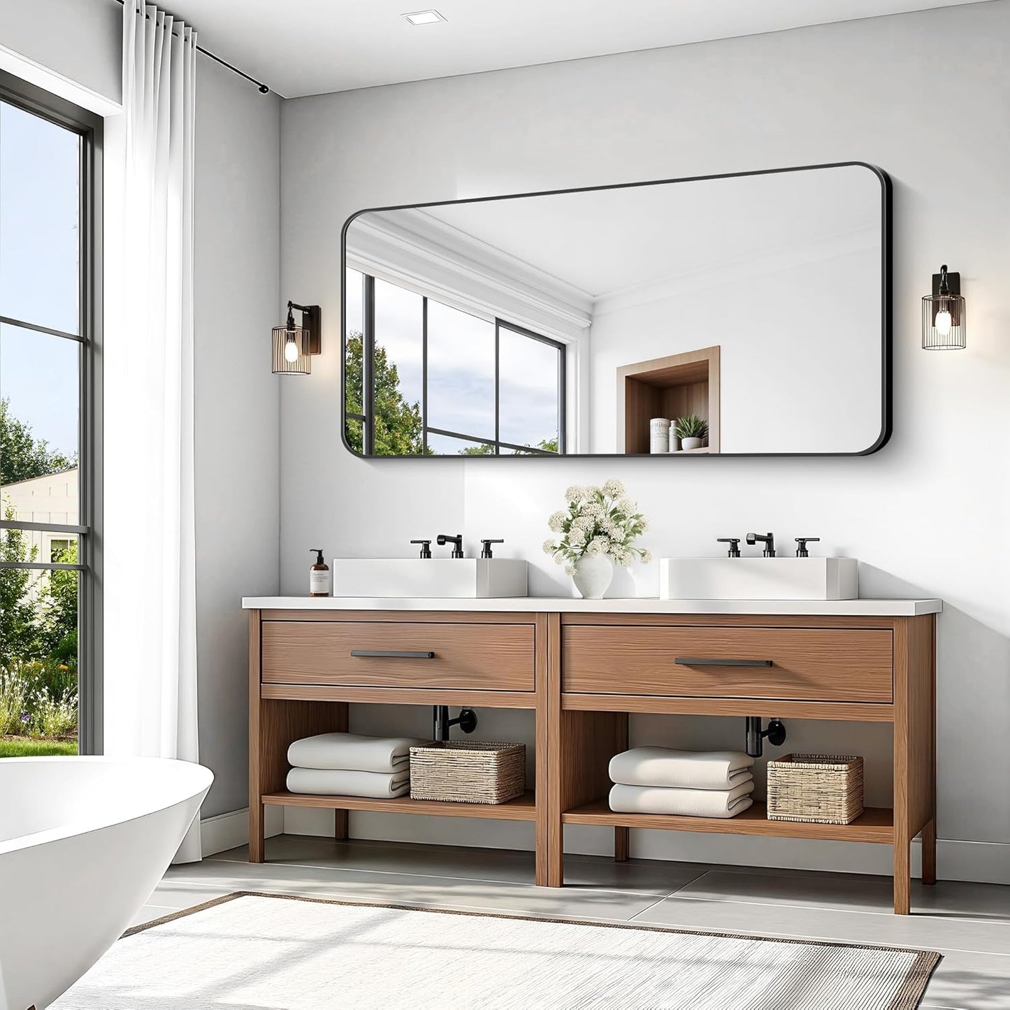 KOCUUY 60"x30" Large Rectangle Vanity Mirror, Black Metal Frame Mirror with Rounded Corner, Modern Design of Upgraded Shatterproof Glass for Bathroom, Bedroom, Living Room, Entryway