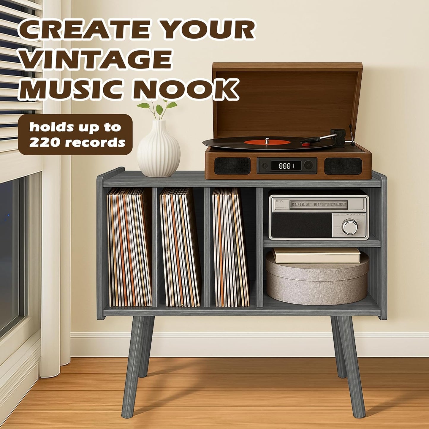 Record Player Stand with Vinyl Storage, Wooden Record Player Table with 5 Cabinet, Large Vinyl Record Player Stand, Record Player Holder, Record Player Shelf for Office Living Room, Gray