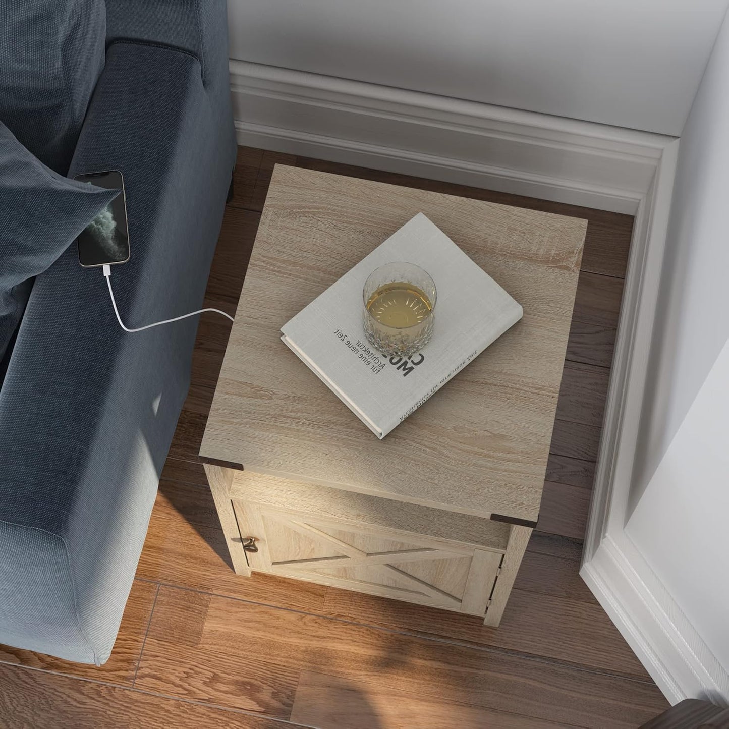 Farmhouse Nightstand with Charging Station, Rustic End Table Bedroom with Storage Living Room Side Table Beige Night Stand Industrial Bedside Bed Table with USB Ports and Outlets