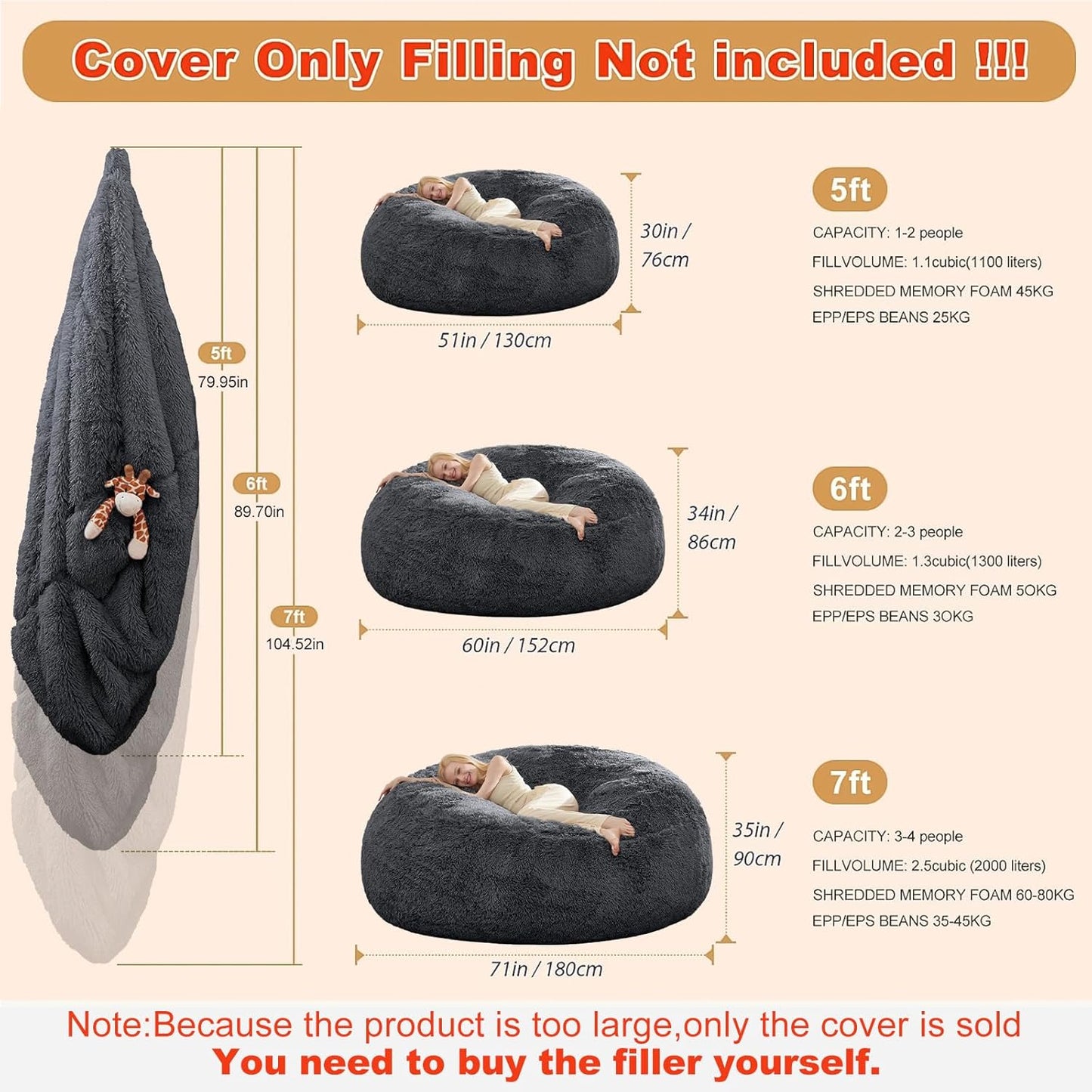 Bean Bag Chair Cover(No Filler) Soft Faux Fur Stuffed Animal Bean Bag Storage, Fluffy Plush Bean Bag Chair Cover Washable, Comfy Bean Bag Chairs for Adults, 6FT, Dark Grey