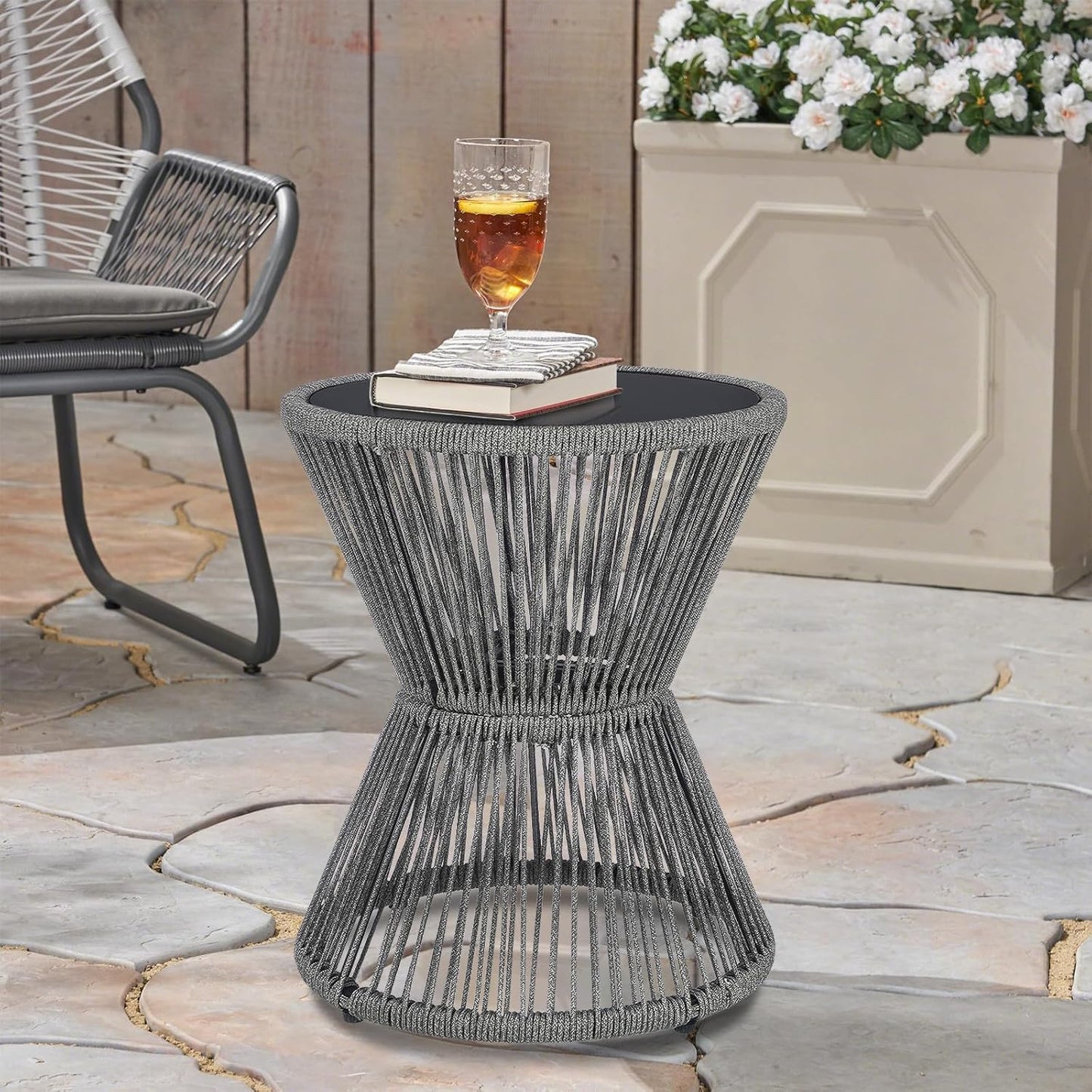 LEWIS&WAYNE Small Outdoor Side Table Patio 20’’ H Woven Rope Hourglass End Table with Glass Top Round Coffee Table for Living Room Outdoor Patio Backyard Poolside (Gray)