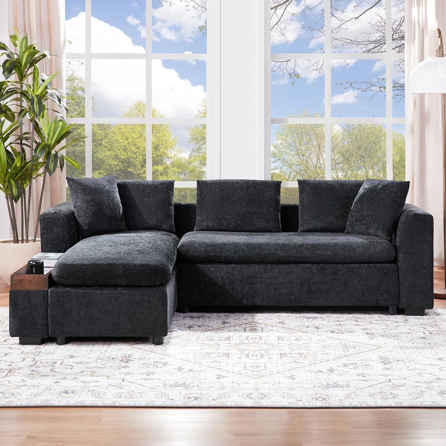 Merax 93.7" L-Shaped Sectional Sofa with Wooden Storage Compartment, Chenille Upholstered Deep Seating Sleeper Couch & Chaise Lounge and Throw Pillows for Living Room, Black