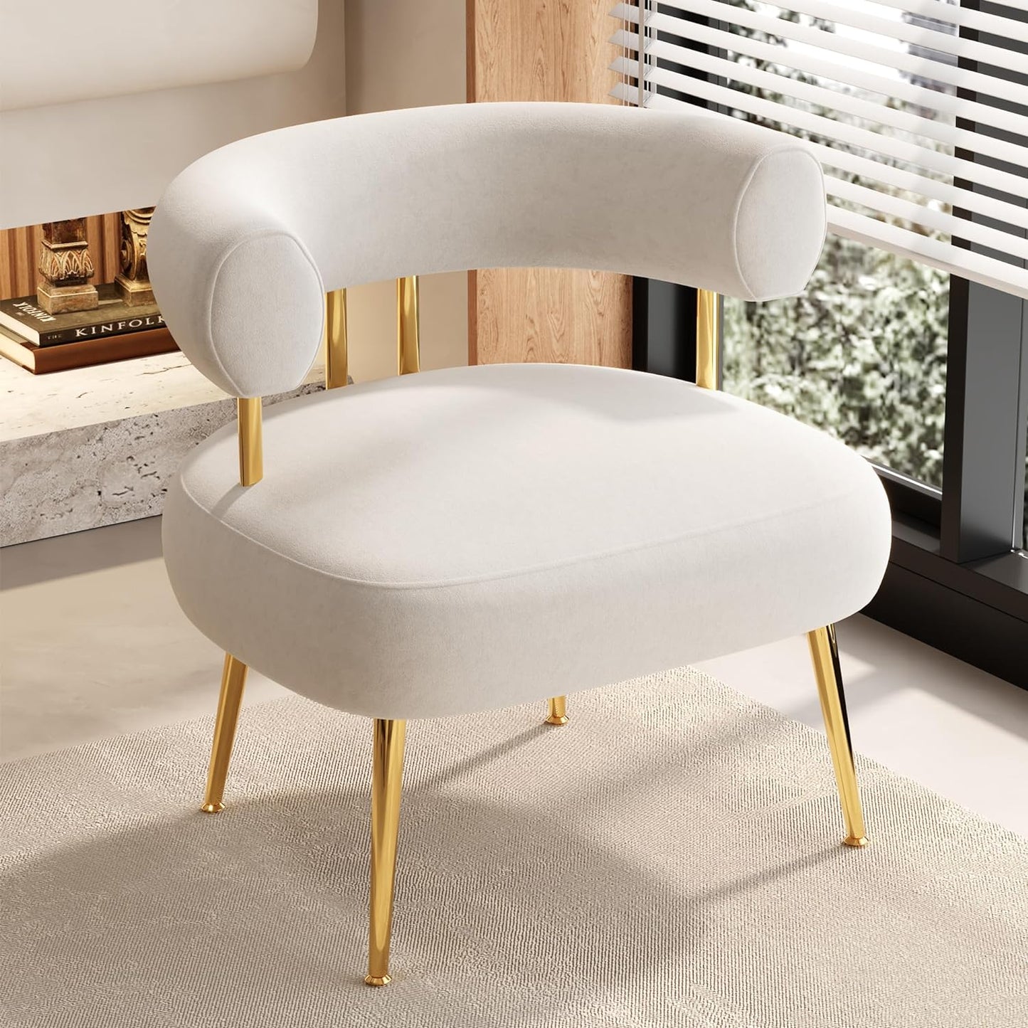Modern Velvet Accent Chair, Round Upholstered Barrel Armchair for Small Spaces, Fluffy Side Corner Sofa Chair for Living Room, Bedroom, Vanity, Office, Reading Nook(Cream White)