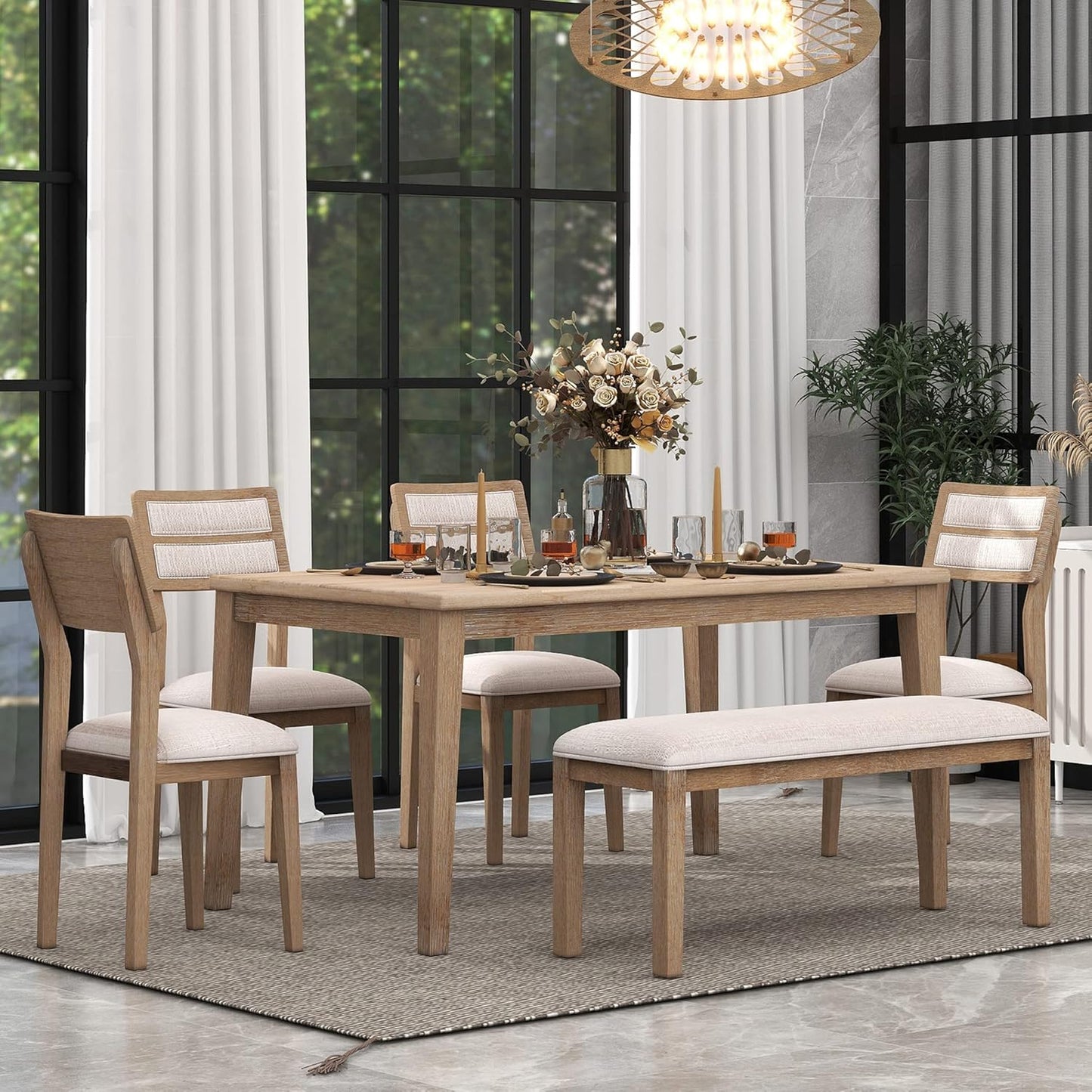 Ball & Cast 6 Piece Dining Table Set with 4 Upholstered Chairs & 1 Bench,Wooden Living Room Furniture W/ 60" Rectangle Kitchen Desk,for Restaurant,Home Bistro,Natural Wood Wash