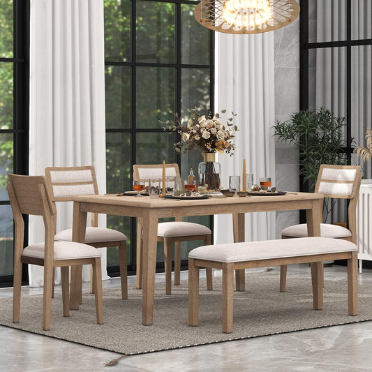 6 Pieces Dining Table Set with 60" Rectangle Kitchen Desk,Wooden Living Room Furniture W/ 4 Upholstered Chairs & 1 Bench,for Restaurant,Home Bistro,Natural Wood Wash