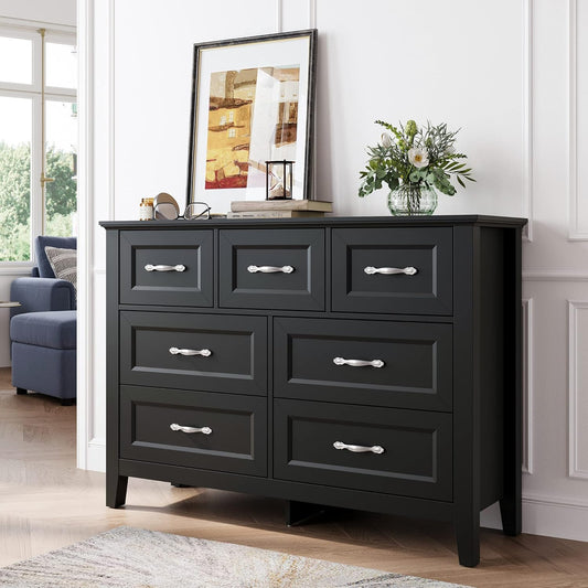 LINSY HOME Black Dresser for Bedroom, Long Dresser with 7 Drawers, Wood Chest of Drawers with Metal Handles, Ideal for Living Room, Entryway and Hallway