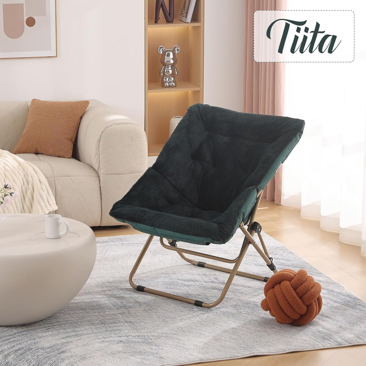 Tiita Comfy Saucer Chair, Soft Faux Fur Oversized Folding Accent Chair, Lounge Lazy Chair for Kids Teens Adults, Metal Frame Moon Chair for Bedroom, Living Room, Dorm Rooms